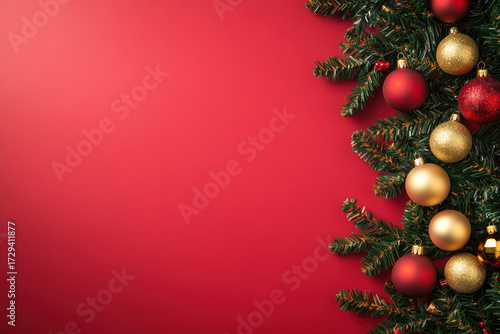 Wallpaper Mural Decorative Christmas tree branches with colorful ornaments on red background Torontodigital.ca