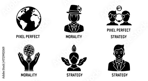 Business concept glyph icons set featuring symbols for strategy,morality, global perfection, and corporate planning