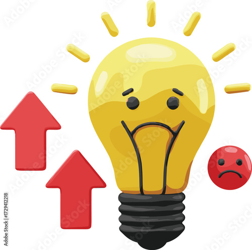 Sad light bulb icon, energy cost rise, red arrows, unhappy expression, electricity warning, vector illustration, power usage alert, concept design