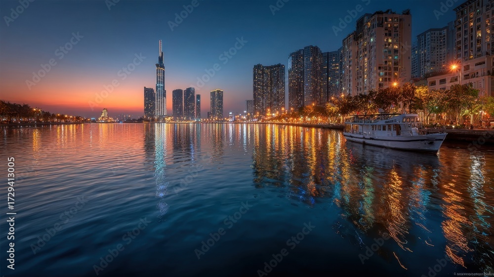 Naklejka premium City skyline at dusk along a river with illuminated buildings and a yacht