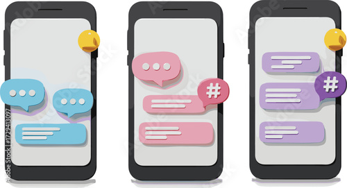 Smartphone chat interface vector illustration, messaging app design, colorful bubbles, communication concept, mobile screen layout, isolated white background, modern style