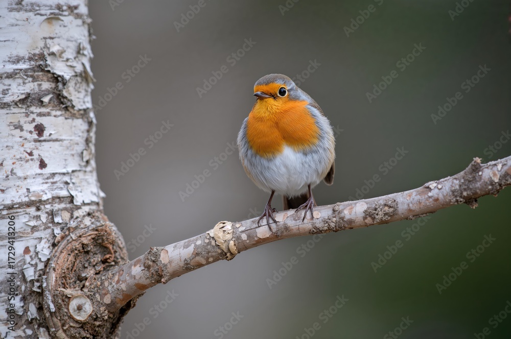 Fototapeta premium Vibrant orange-chested bird sitting on a peeling birch limb.