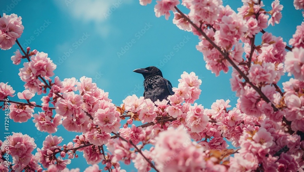 Obraz premium Seamless spring design featuring a cherry blossom branch alongside a black bird against a blue backdrop.