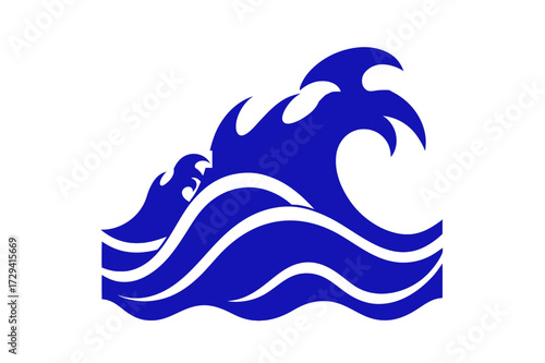 A stylized blue wave is depicted against a white background. The wave is large and prominent, suggesting power and movement. It is a simple, yet elegant illustration.