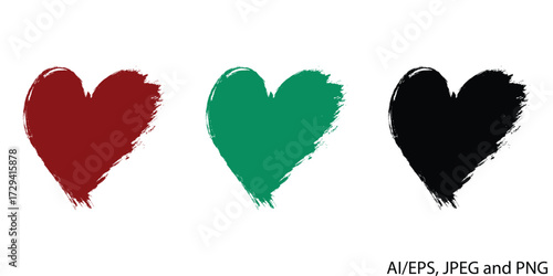 Three hand drawn heart symbols in red green and black colors love icons vector