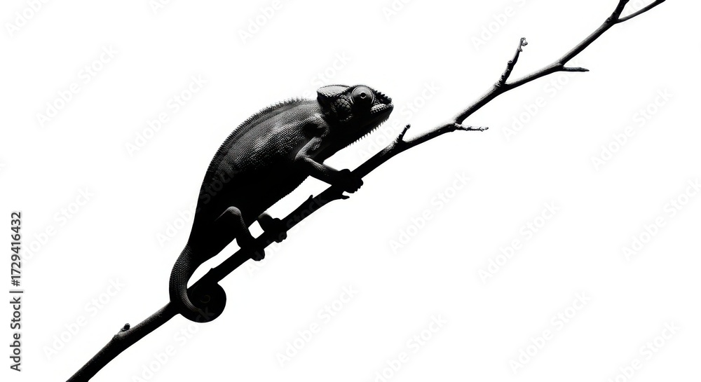 Fototapeta premium Chameleon climbs branch on isolated on white background