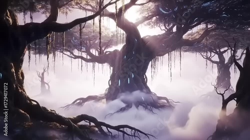Large ancient trees rising through atmospheric mist in an otherworldly landscape
