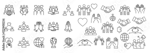 Vector art of collection of charity and community icons, representing support and global connection