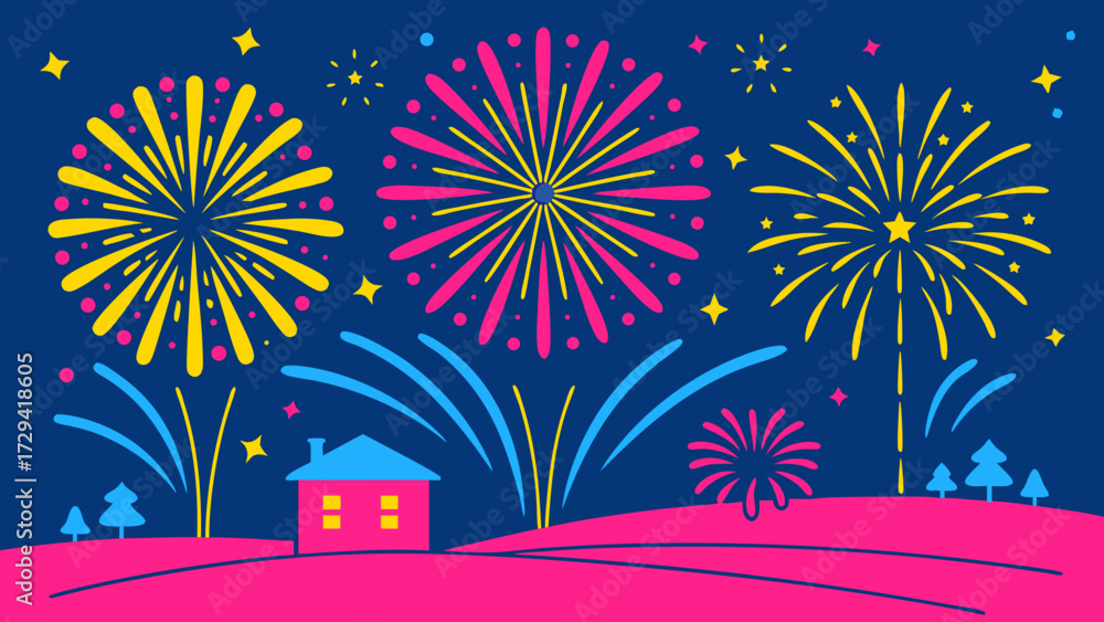 Naklejka premium fireworks illustration in blue, yellow and pink color
