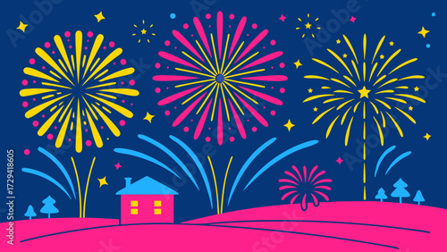 fireworks illustration in blue, yellow and pink color