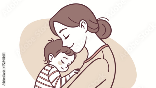 a mother looking happily while holding her baby, brown colors