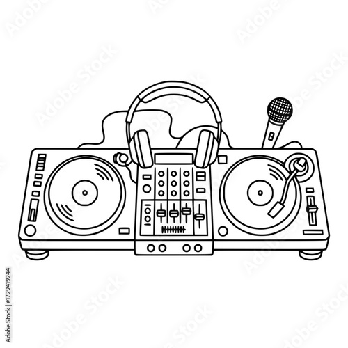 DJ turntable setup with headphones and microphone in minimalistic style  