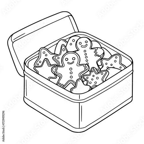 Gingerbread cookies in a tin box with a lid in minimalistic black and white design  