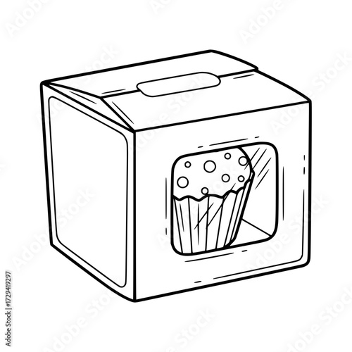 Cupcake in a box with a window - Line Icon - Simple Vector Outline in Minimalistic Black and White Design