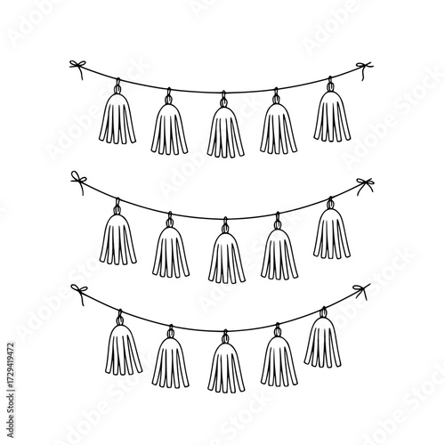 Three decorative paper garlands with tassels - Line Icon - Simple Vector Outline in Minimalistic Black and White Design