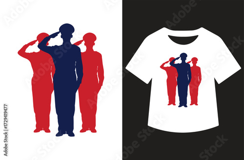 Veterans Day graphic with three saluting figures in red and blue silhouettes, bold text, and stars. Clean patriotic design shown on white background and as a t-shirt mockup.
