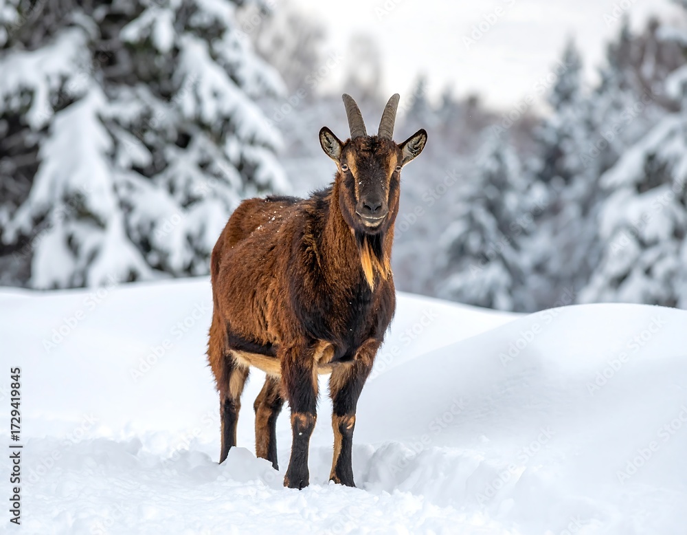 Fototapeta premium Goat in snowy mountain landscape