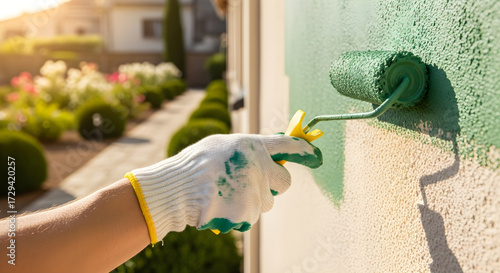 Gloved hand actively painting a rough exterior wall dark green using a roller with a bright yellow handle