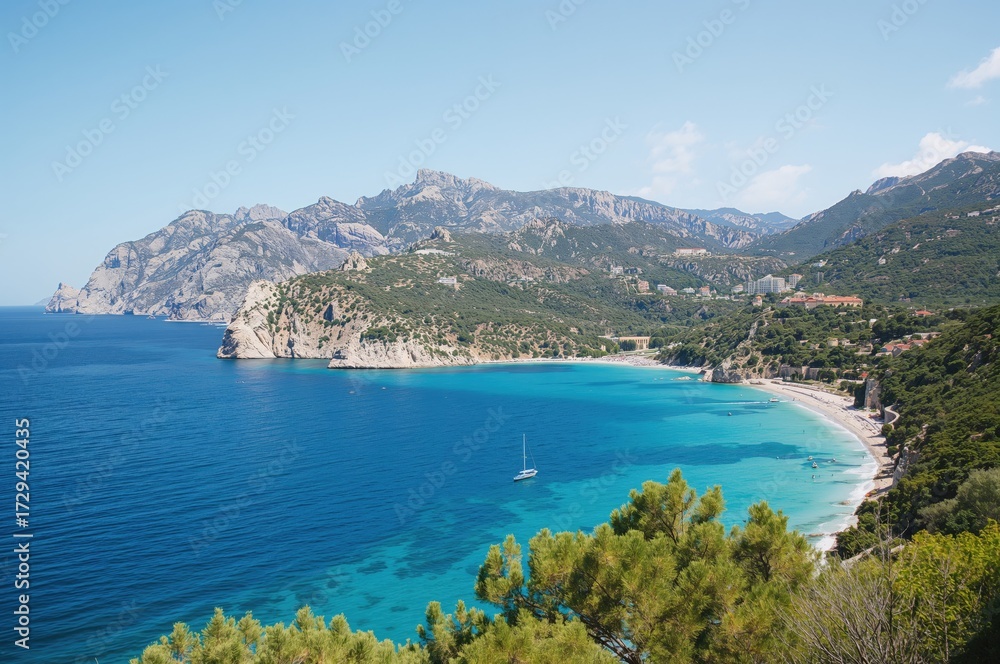 Naklejka premium Summer landscape of sea and mountains with trees and water