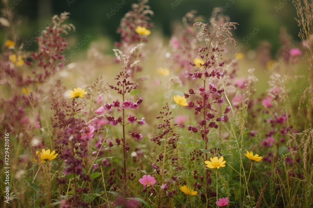 Naklejka premium Wildflowers in a fall meadow with vibrant leaves and greenery