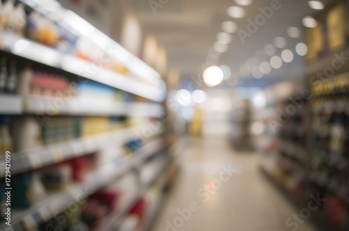 Wallpaper Mural Out-of-focus cleaning supplies on store shelves with blurred light effects, retail and shopping theme Torontodigital.ca