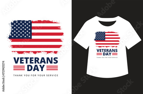 Veterans Day graphic with three saluting figures in red and blue silhouettes, bold text, and stars. Clean patriotic design shown on white background and as a t-shirt mockup.