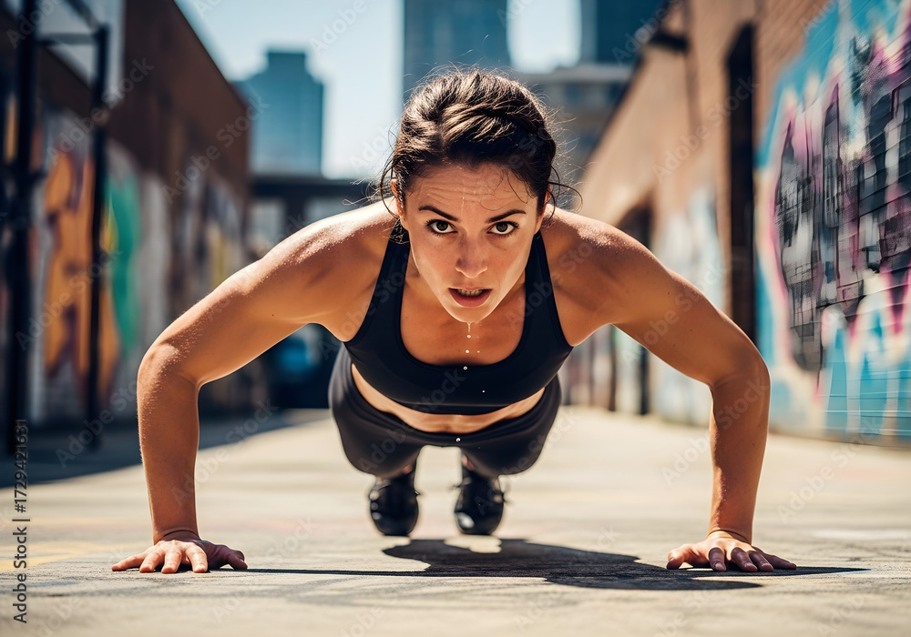 Fototapeta premium Focused Woman Doing Push-Ups in Urban Setting