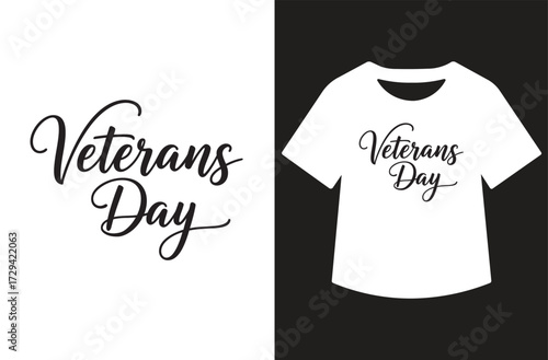 Veterans Day graphic with three saluting figures in red and blue silhouettes, bold text, and stars. Clean patriotic design shown on white background and as a t-shirt mockup.