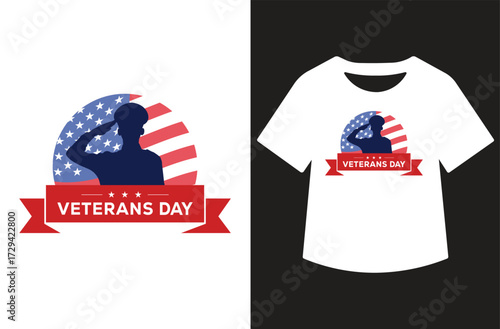 Veterans Day graphic with three saluting figures in red and blue silhouettes, bold text, and stars. Clean patriotic design shown on white background and as a t-shirt mockup.