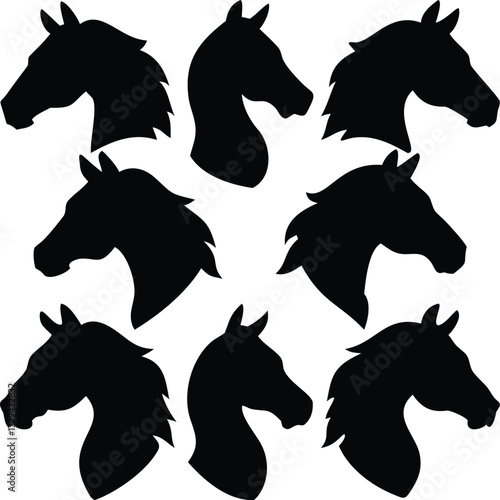 Silhouetted Horse Heads Array Black Equine Illustration Design