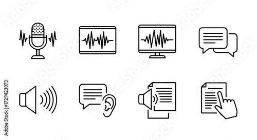 Audio Communication Icons Microphone, Sound Waves, Speech Bubbles, and Hearing Elements