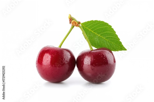 Wallpaper Mural Single cherry with leaf on a plain white backdrop. Two fresh cherries isolated with a clipping path, showcasing full depth of field. Torontodigital.ca