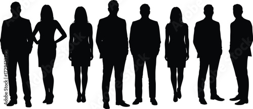 Business team silhouettes, corporate professionals, standing in row, diversity in workplace, leadership concept, teamwork, unity, formal attire, success, strategy
