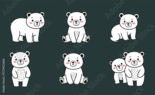 Cartoon white bear set, cute poses, pink cheeks, parent and child, vector illustration, dark background, emotional expressions, animal character