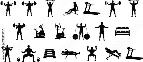 Gym activity icons, fitness silhouettes, strength and cardio exercises, black figures, workout equipment, isolated, training poses, exercise set, motion