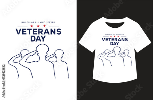 Veterans Day graphic with three saluting figures in red and blue silhouettes, bold text, and stars. Clean patriotic design shown on white background and as a t-shirt mockup.