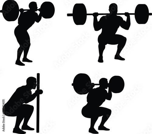 Squat exercise silhouettes, barbell techniques, fitness posture, strength training, gym workout, athletic form, isolated figures, black icons, comparison set