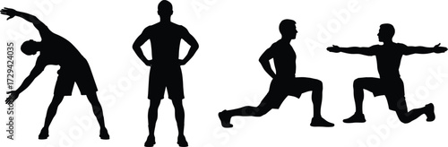 Stretching and exercise silhouettes, fitness poses, lunge and side bend, black figures, isolated, physical activity, posture set, body movement