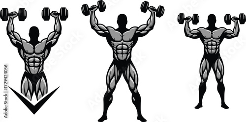 Shoulder press exercise illustration, correct and incorrect posture, dumbbell workout form, fitness vector, bodybuilding technique, gym training guide