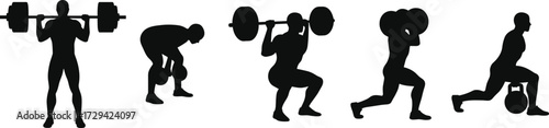 Weightlifting silhouettes, barbell and kettlebell exercises, squat, deadlift, lunge, overhead press, gym workout, strength training, isolated black figures