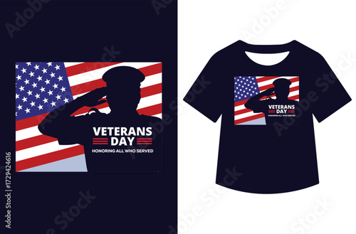 Veterans Day graphic with three saluting figures in red and blue silhouettes, bold text, and stars. Clean patriotic design shown on white background and as a t-shirt mockup.
