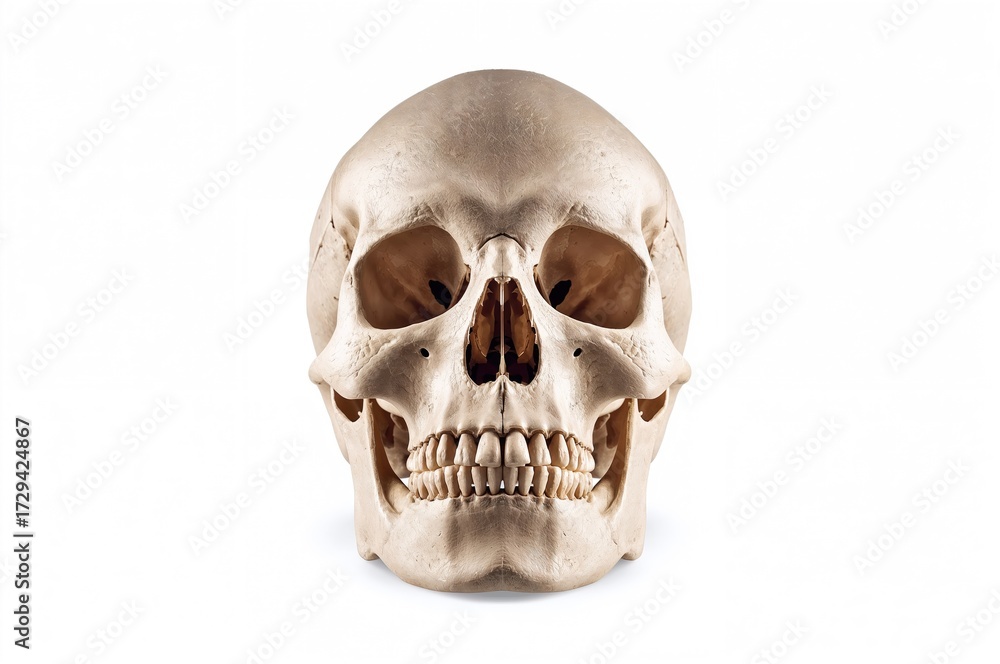 Fototapeta premium Detailed view of a human skull against a plain white backdrop