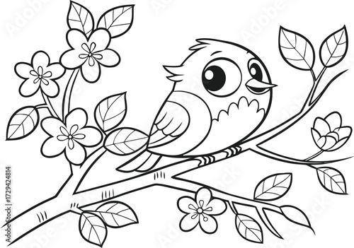 Cute Bird on Blooming Tree Branch Black and White Outline