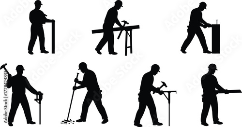 Construction worker silhouettes performing various tasks, manual labor, carpentry, hammering, sawing, and building, industrial work, safety helmets, professional tradesmen.