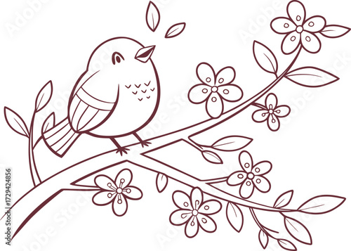 Cute Bird on Blooming Tree Branch Black and White Outline