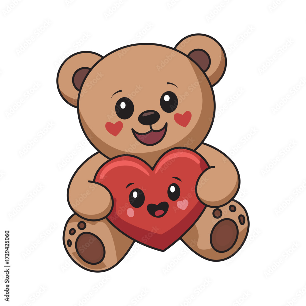Fototapeta premium This adorable cartoon teddy bear, with rosy cheeks and a cheerful smile, warmly embraces a cute red heart character. Its sweet and innocent design evokes feelings of love, comfort, and friendship, per