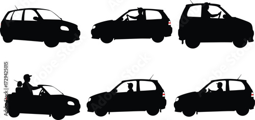 Black car silhouettes with passengers, driving activity, urban commute, transportation concept, isolated vector icons for automotive, travel, taxi, and ride-sharing themes