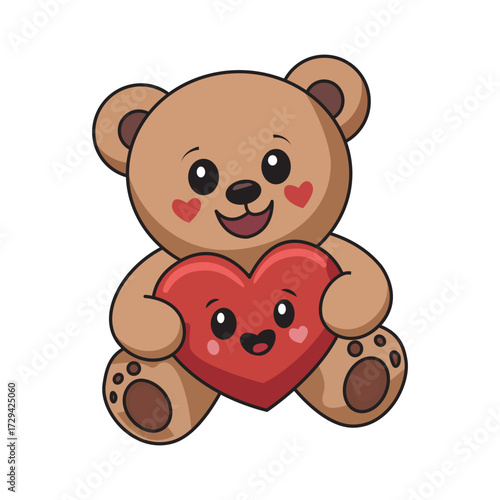 This adorable cartoon teddy bear, with rosy cheeks and a cheerful smile, warmly embraces a cute red heart character. Its sweet and innocent design evokes feelings of love, comfort, and friendship, per