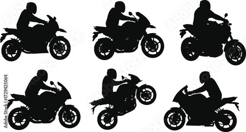 Motorcycle rider silhouettes, dynamic postures, stunt actions, black vector illustration for sportbike, racing, transport, wheelie, helmet safety, and motion themes