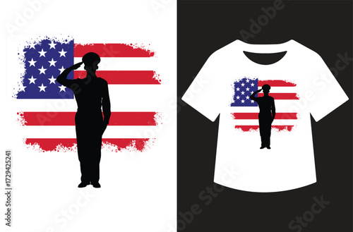 Veterans Day graphic with three saluting figures in red and blue silhouettes, bold text, and stars. Clean patriotic design shown on white background and as a t-shirt mockup.